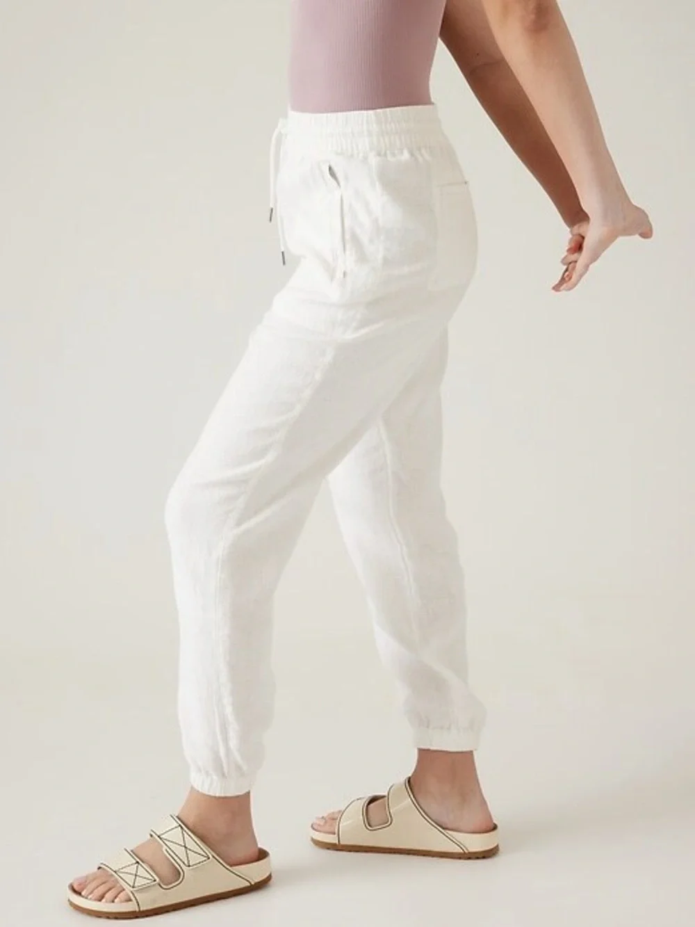 Athleta White Linen Drawstring Joggers with Patch Pockets Size 6